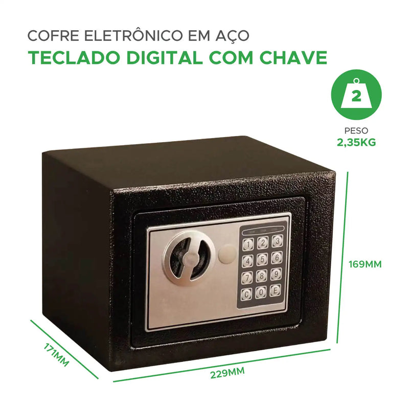 Cofre Eletrônico Digital Teclado C/ Senha + Chave 23x17x17cm